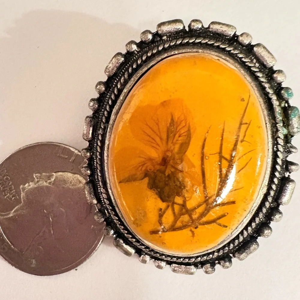 Vintage restored brooch with real dried flower incased in amber tone Brooch